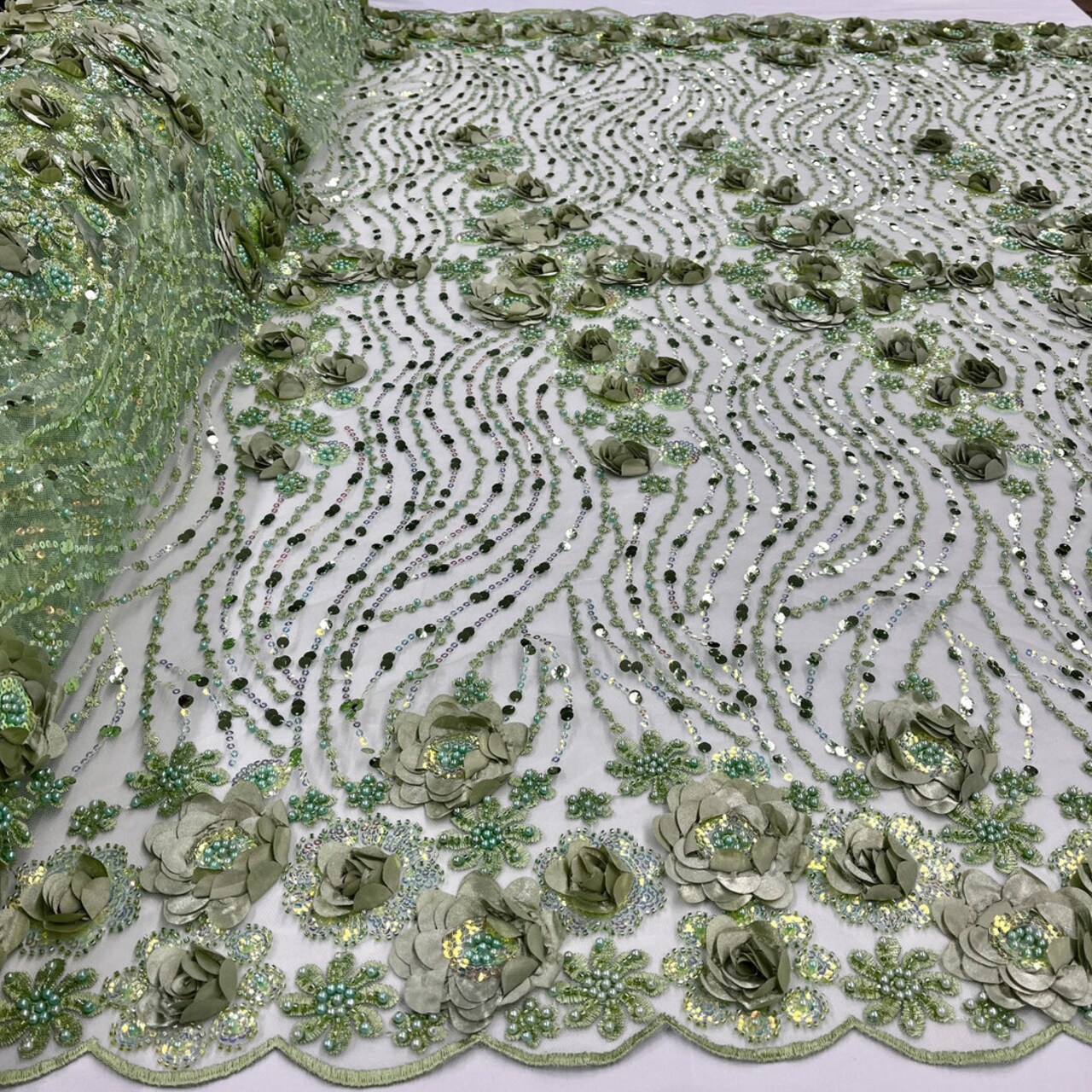 1 Yard Yellow 3D Floral Beaded & Sequined Lace Fabric, Embroidered Sparkling Mesh, 52" Wide, Polyester